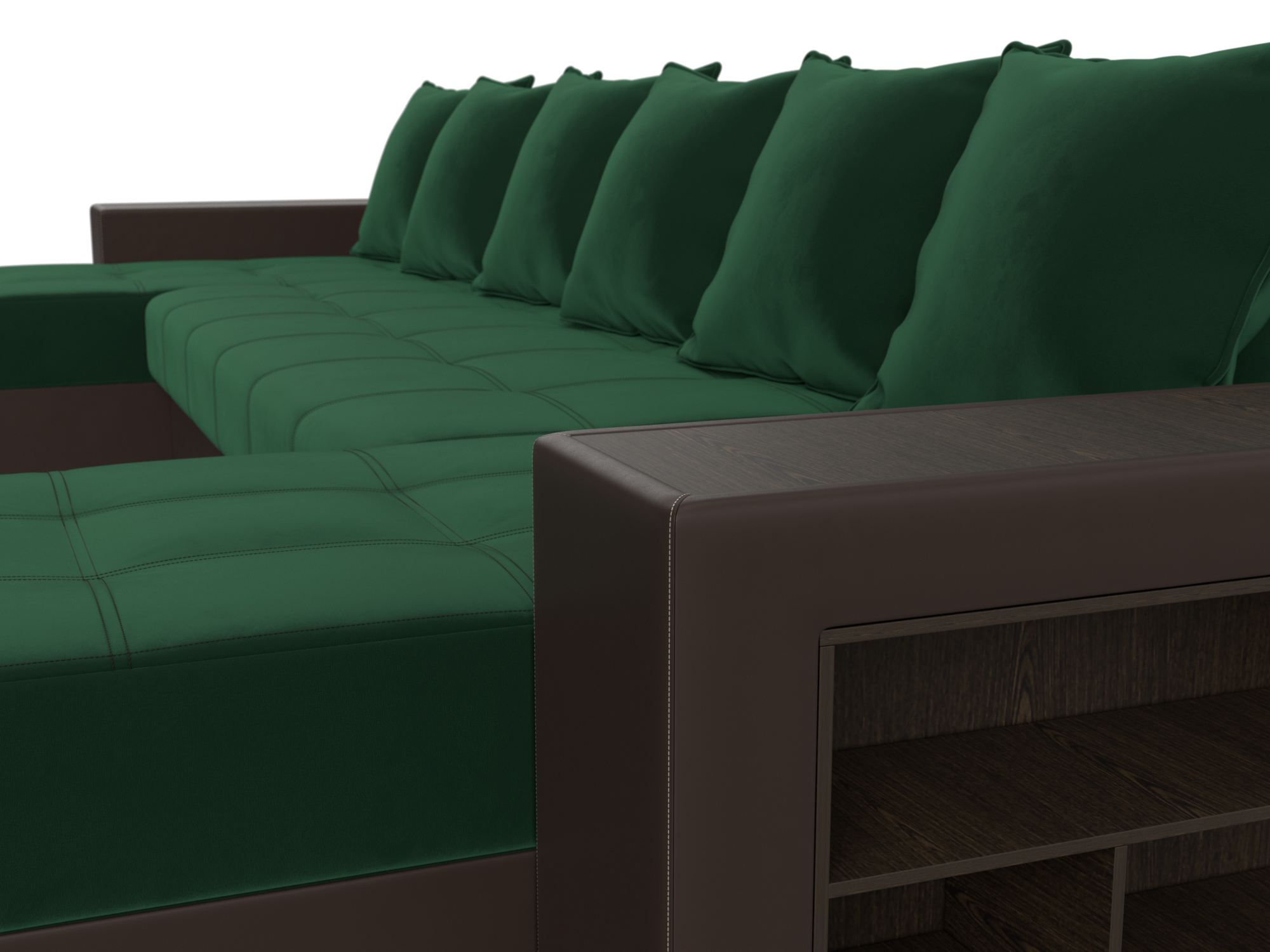 П-образный диван Дубай полки справа (Зеленый\Коричневый)