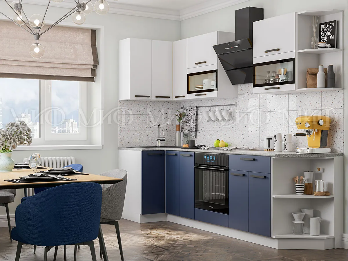 Кухня угловая Техно New 0,9*2,7 Белый софт/Ультрамарин софт