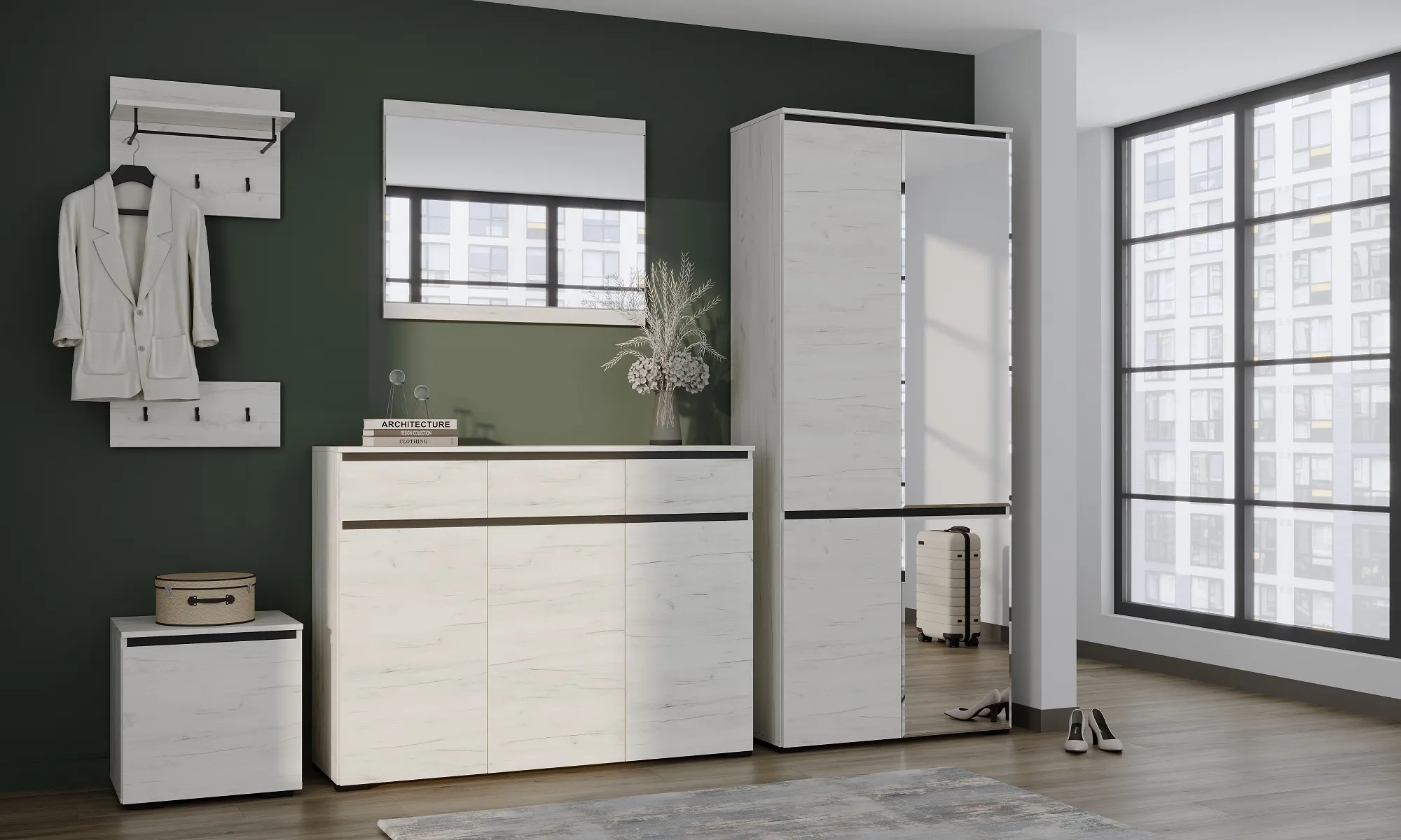 Прихожая ГРЕТТА  Дуб Крафт белый - Антрацит №7