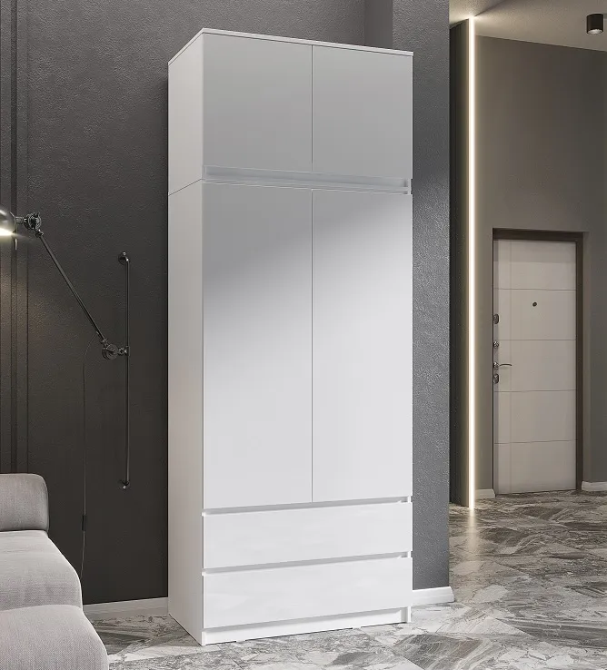 Шкаф Челси 2-х ств с антресолью (белый/белый глянец)