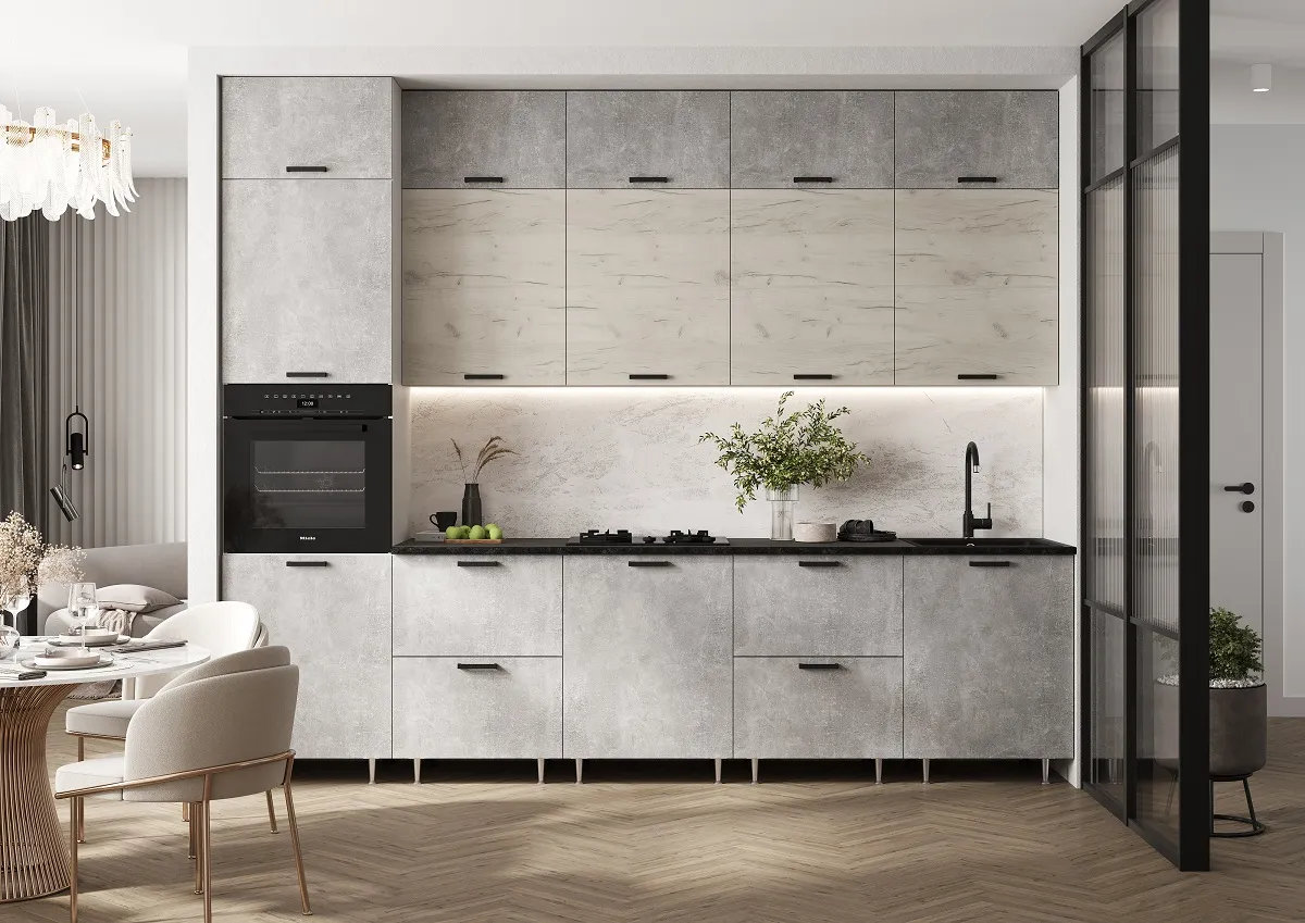 Кухня Рио NEW 3,0м (490) (Бетон светлый/Дуб Крафт Белый, Белый (Кастилло темный)