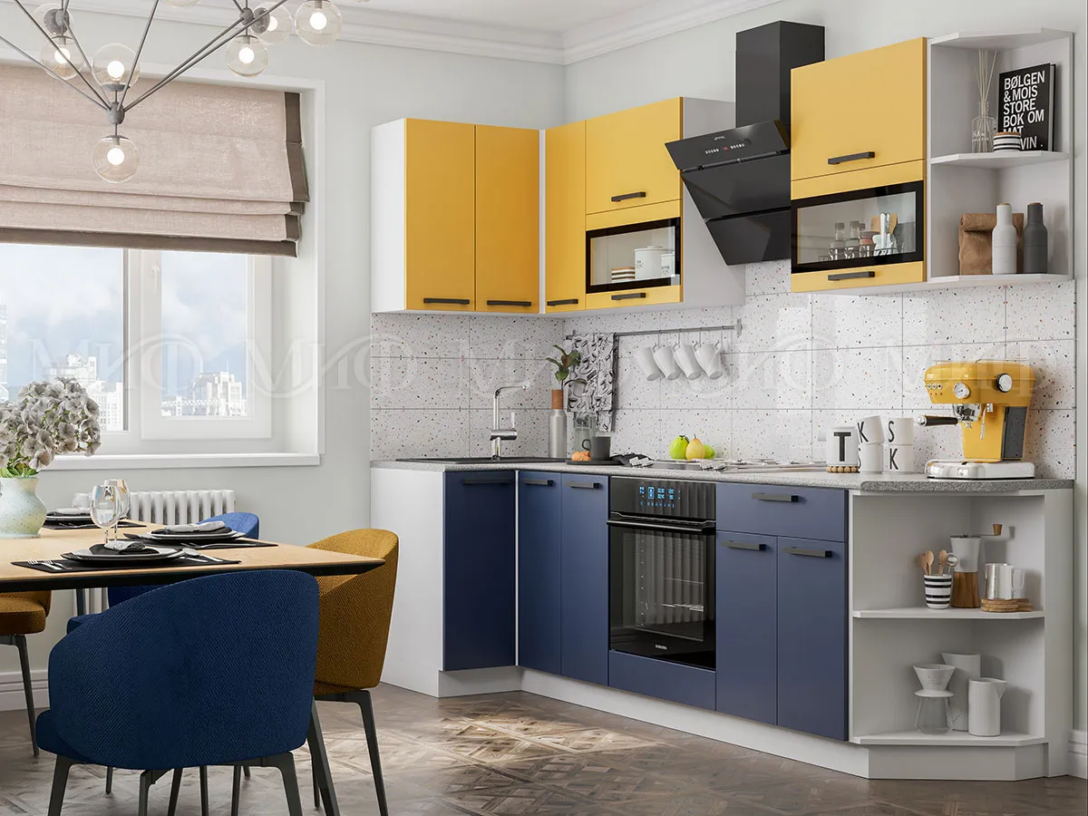 Кухня угловая Техно New 0,9*2,7 Горчица софт/Ультрамарин софт