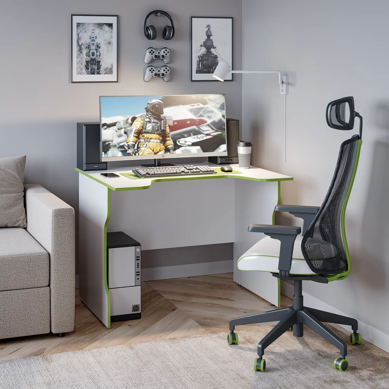 Стол компьютерный игровой ВАРДИГ K2 (белый/лайм)