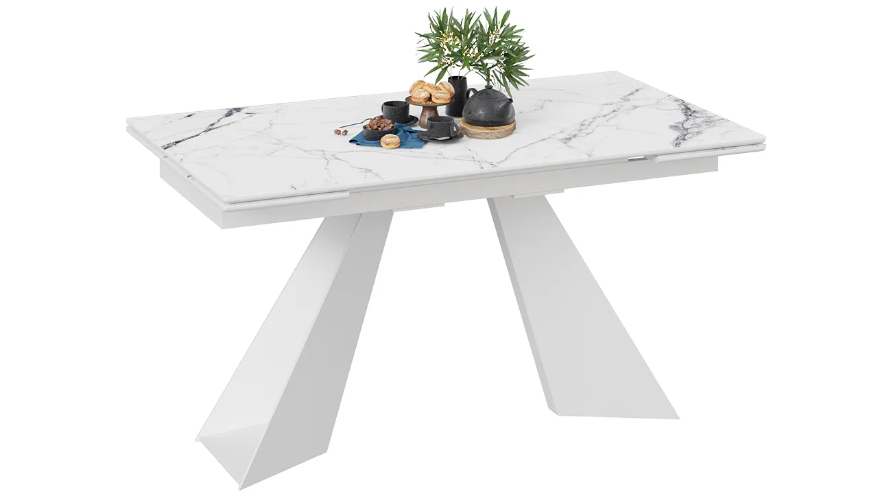Стол обеденный Гермес Белый муар, Стекло глянцевое белый мрамор