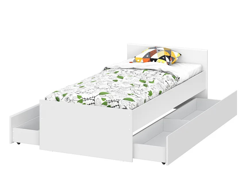Кровать одинарная с выкатными ящиками  (0,9 x 2,0)  Токио Белый текстурный
