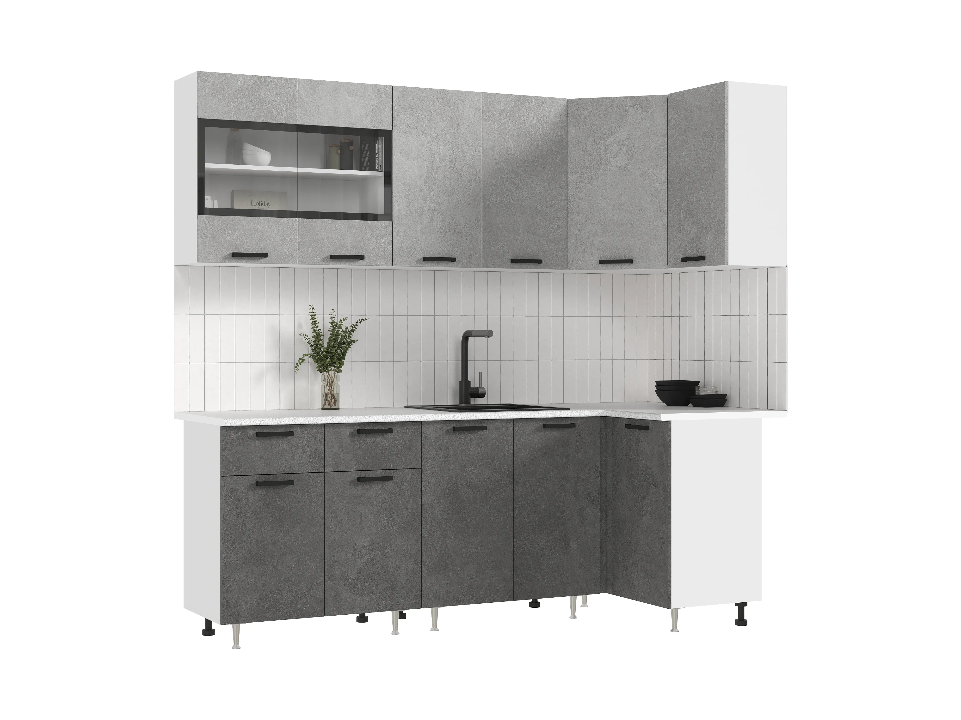 Кухня Рио New угловая 2,2*1,0м (490) Бетон светлый/бетон темный, Белый (Антарес)