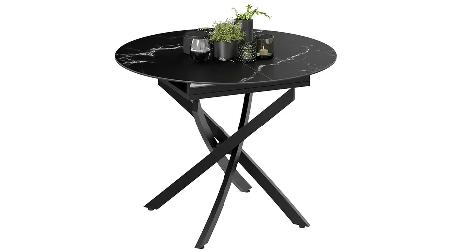 Стол обеденный раздвижной Бергамо Тип 1  Черный муар, Стекло матовое черный мрамор