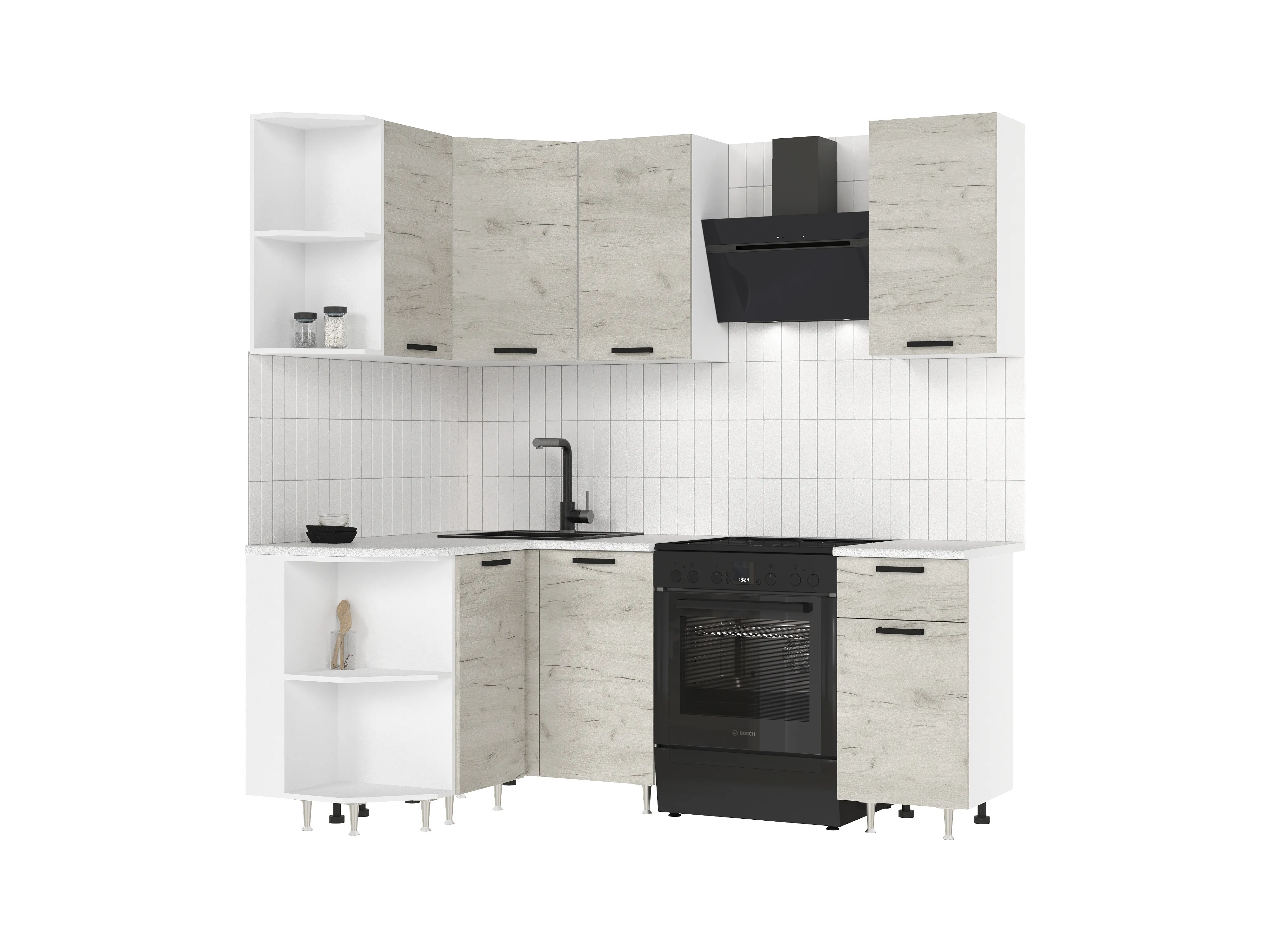 Кухня Рио New угловая 2,0*1,3 м (490) Дуб крафт белый, Белый (Антарес)