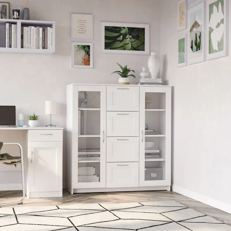 2.02.03.400.1 СИРИУС тумба 2 двери со стеклом и 4 ящика 117х123 белая RU