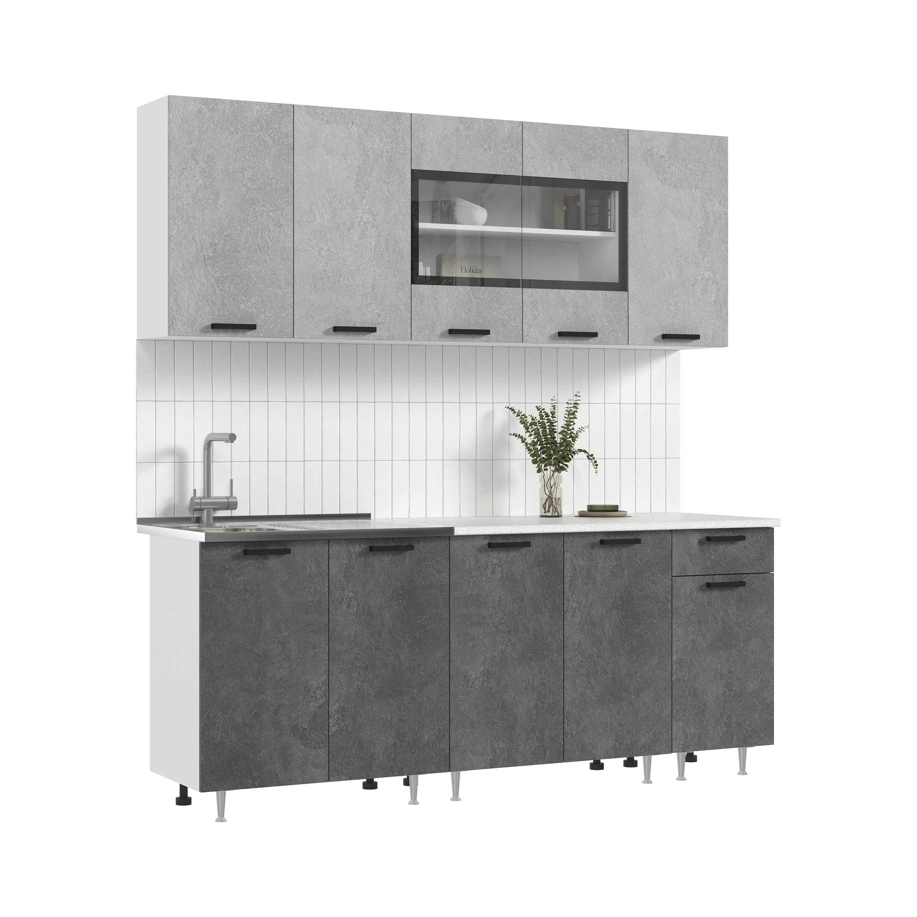 Кухня Рио New 2,0 (490) ЛДСП Бетон светлый/Бетон темный, Белый (Антарес)