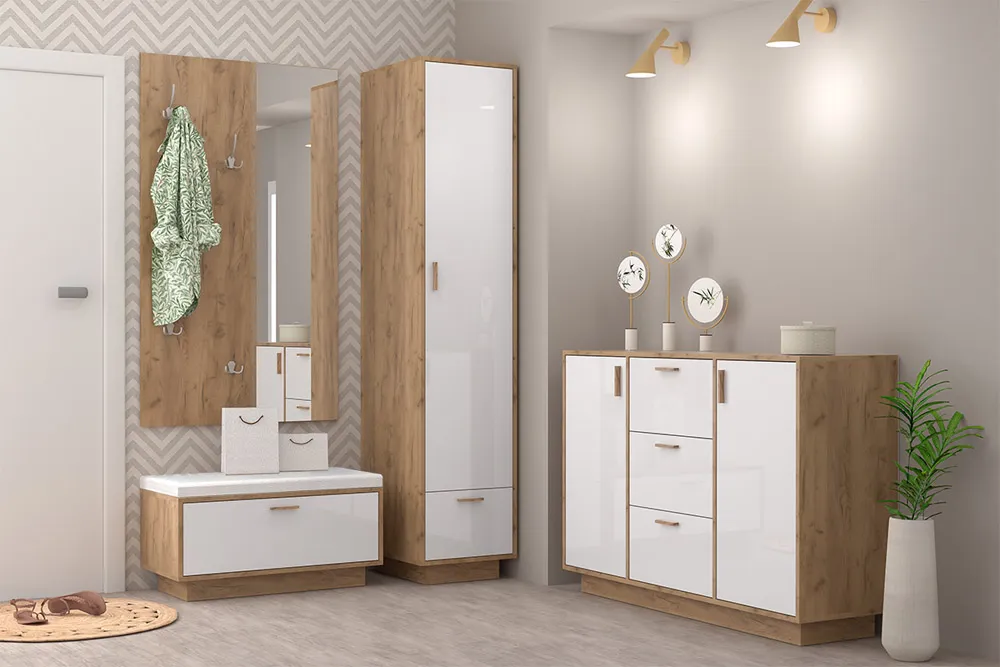 Модульная прихожая Эго Дуб Крафт золотой/Белый глянец Вариант 9