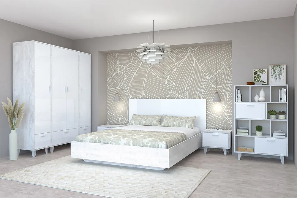 Спальный гарнитур ЭГО Бетон Светлый/Белый Глянец Вариант 2