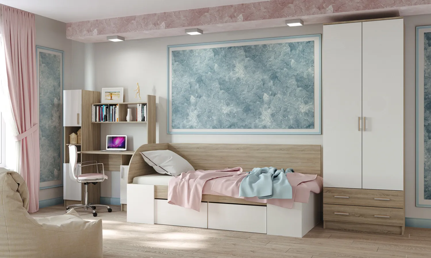 Спальня детская БЕАТРИС Дуб Сонома - Белый глянец №9