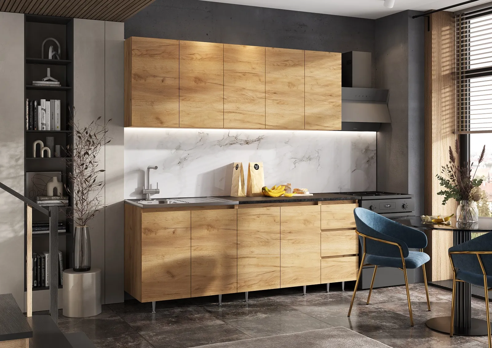 Кухонный гарнитур Челси 2,0 (Дуб крафт/дуб крафт, кастилло темный)