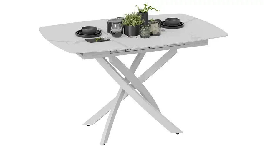 Стол обеденный раздвижной Манхеттен Т1 Белый муар, Стекло матовое белый мрамор