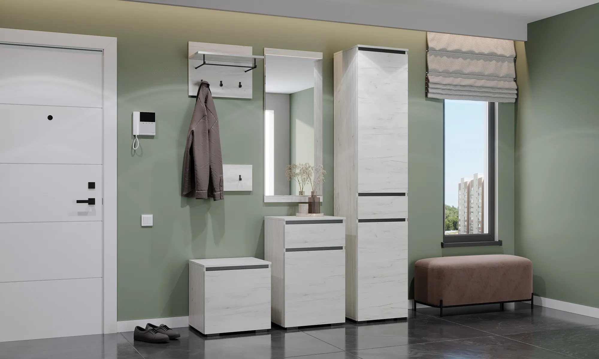 Прихожая ГРЕТТА  Дуб Крафт белый - Антрацит №11