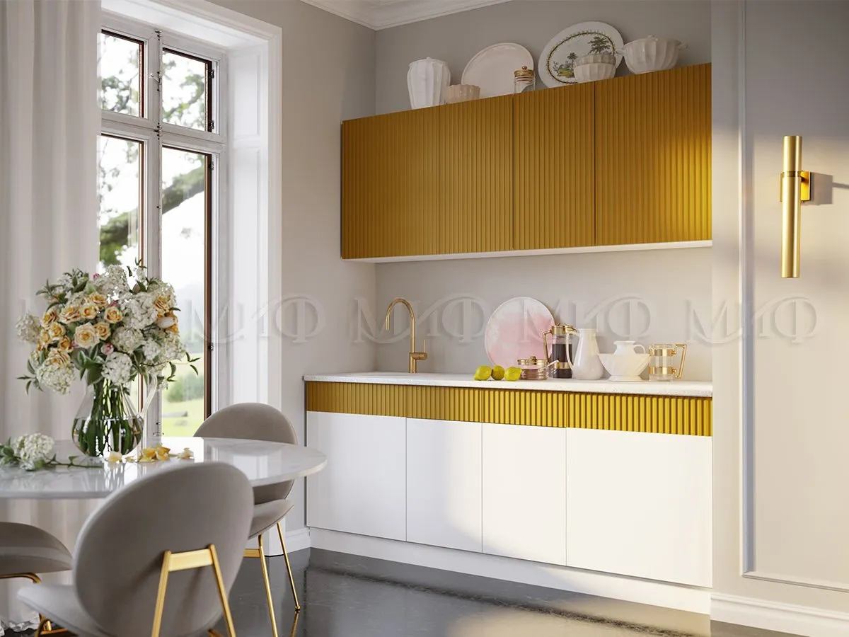 Кухня Оливия 2,0 белый снег софт/горчица софт