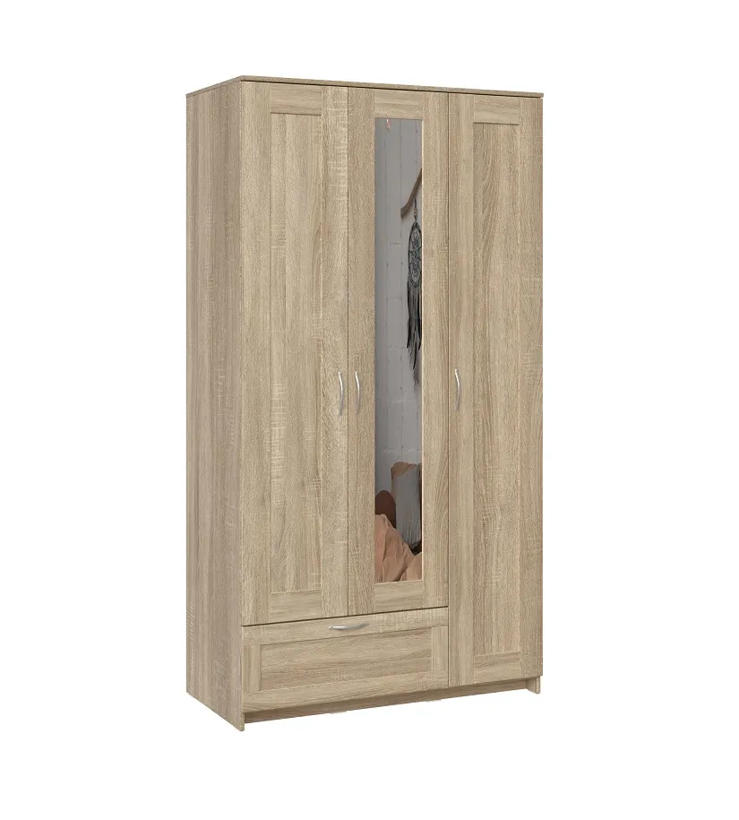 Шкаф Сириус 3 двери с зеркалом 1 ящик, сонома (высота 220 см)