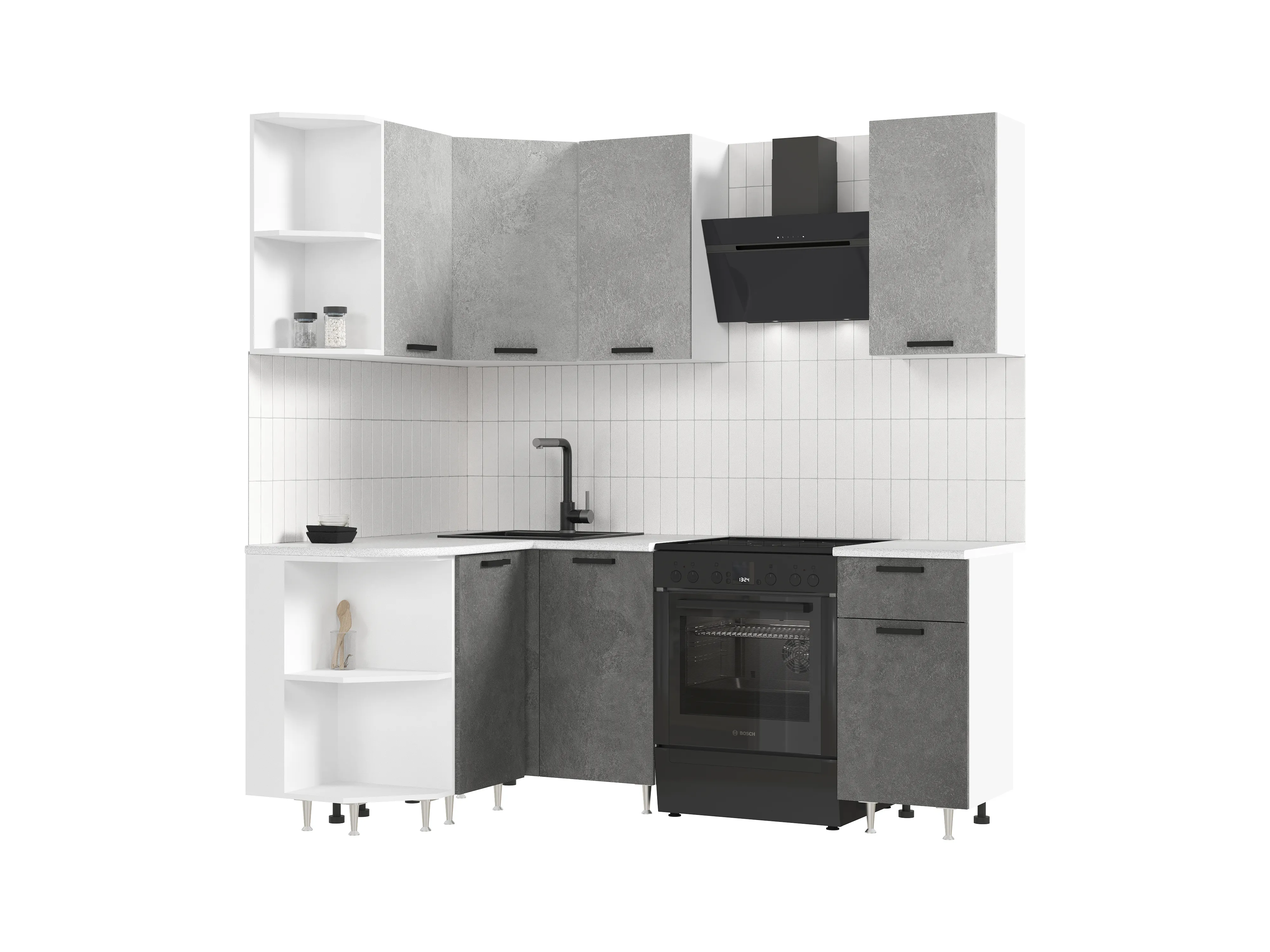 Кухня Рио New угловая 2,0*1,3 м Бетон светлый/Бетон темный, Белый (Антарес)