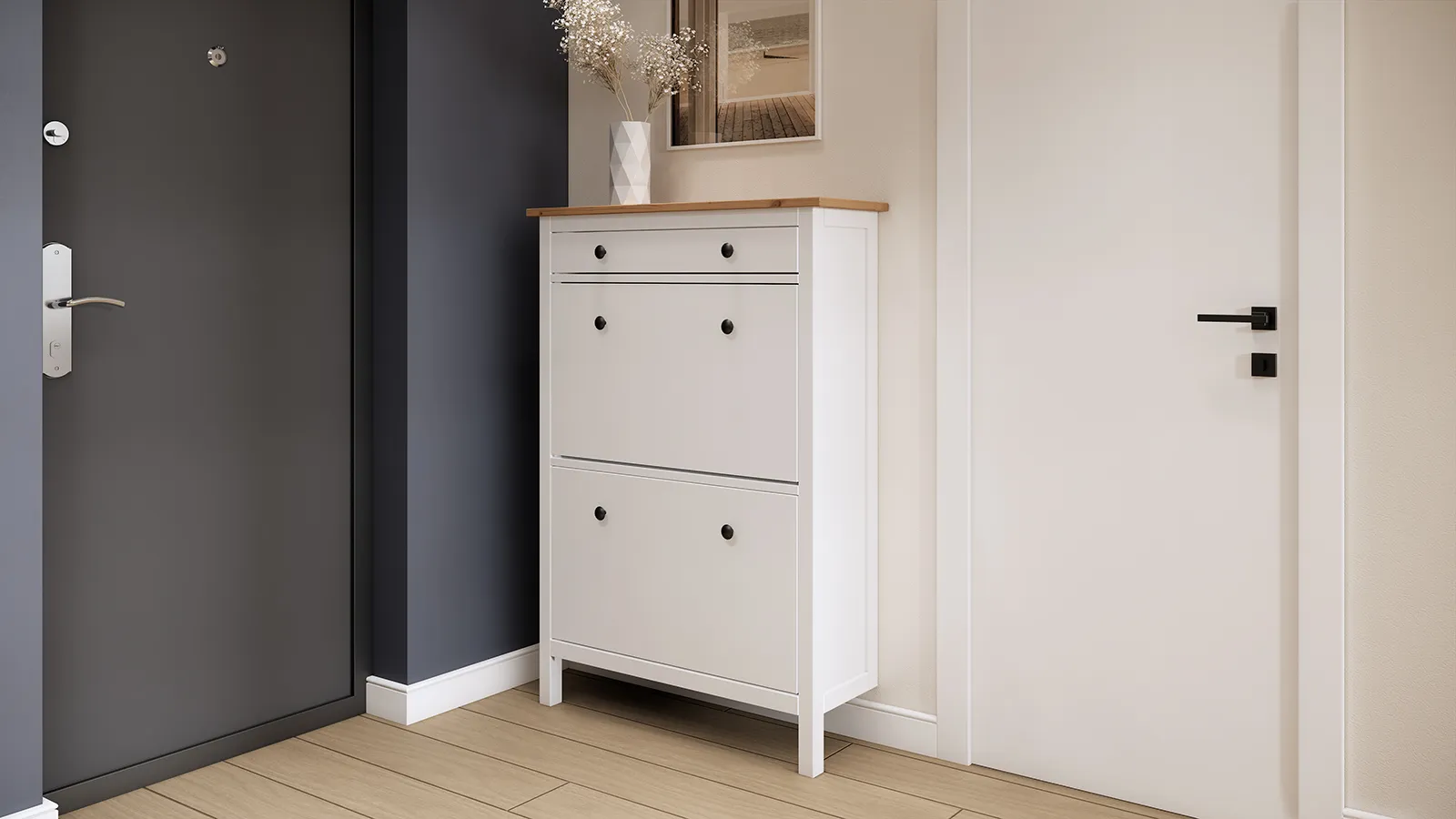 Тумба для обуви из массива Кымор 89 с ящиком, белый/светло-коричневый