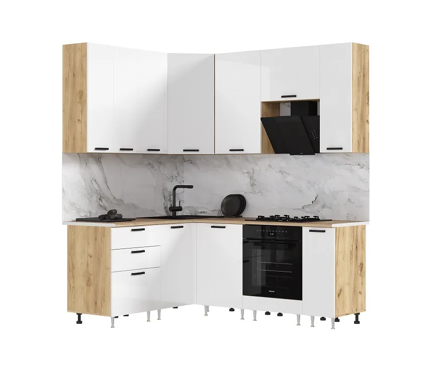 Кухня Рио New угловая 1,6*2,0/900 (490) Белый глянец, Дуб крафт (Дуб вотан)