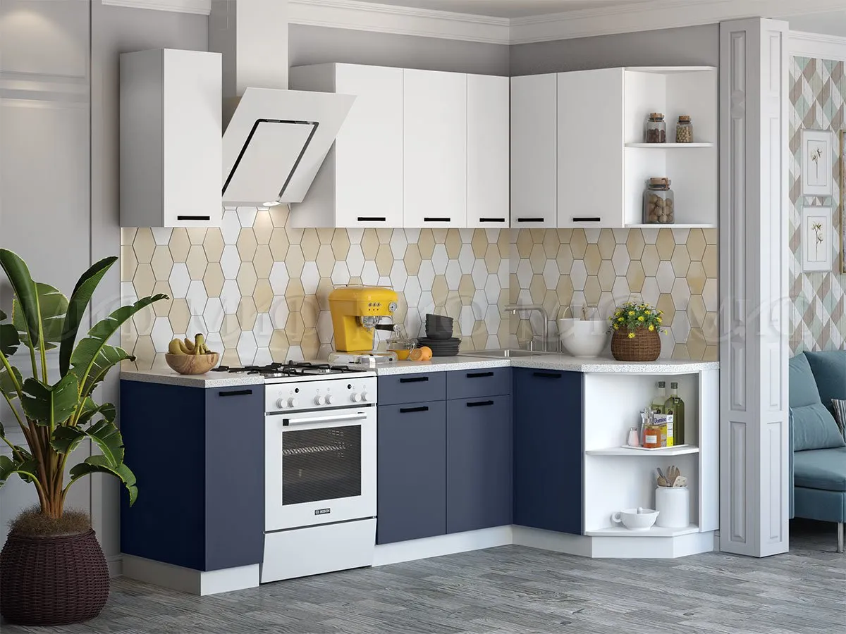 Кухня угловая Техно New 1,7*1,3 Белый софт/Ультрамарин софт