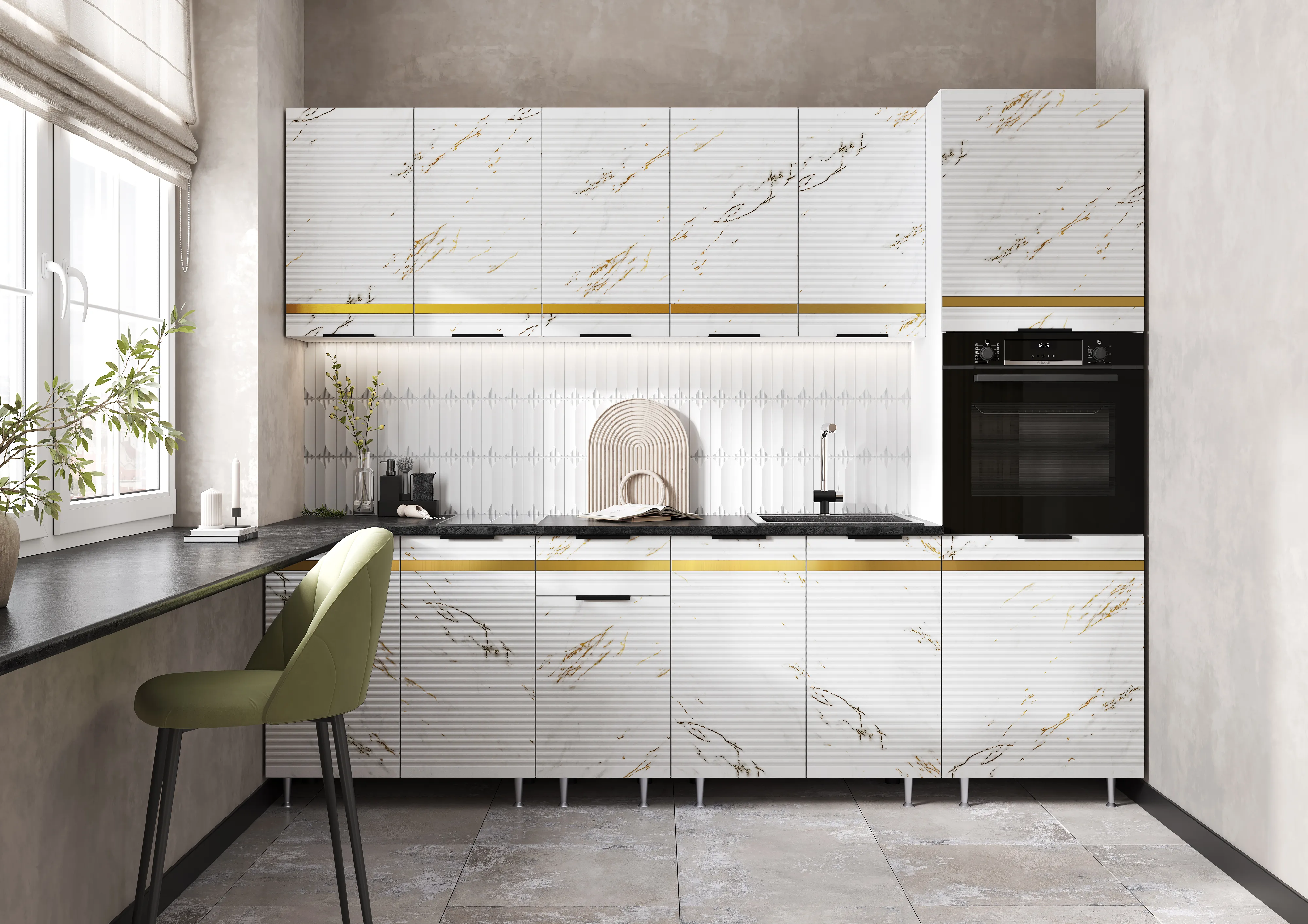 Кухонный гарнитур Милена с пеналом 2,6 (мрамор белый софт)