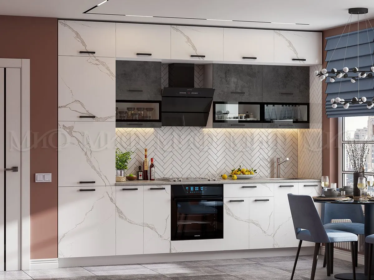 Кухня Техно New 3,0 комп.№2 Мрамор белый/Бетон графит