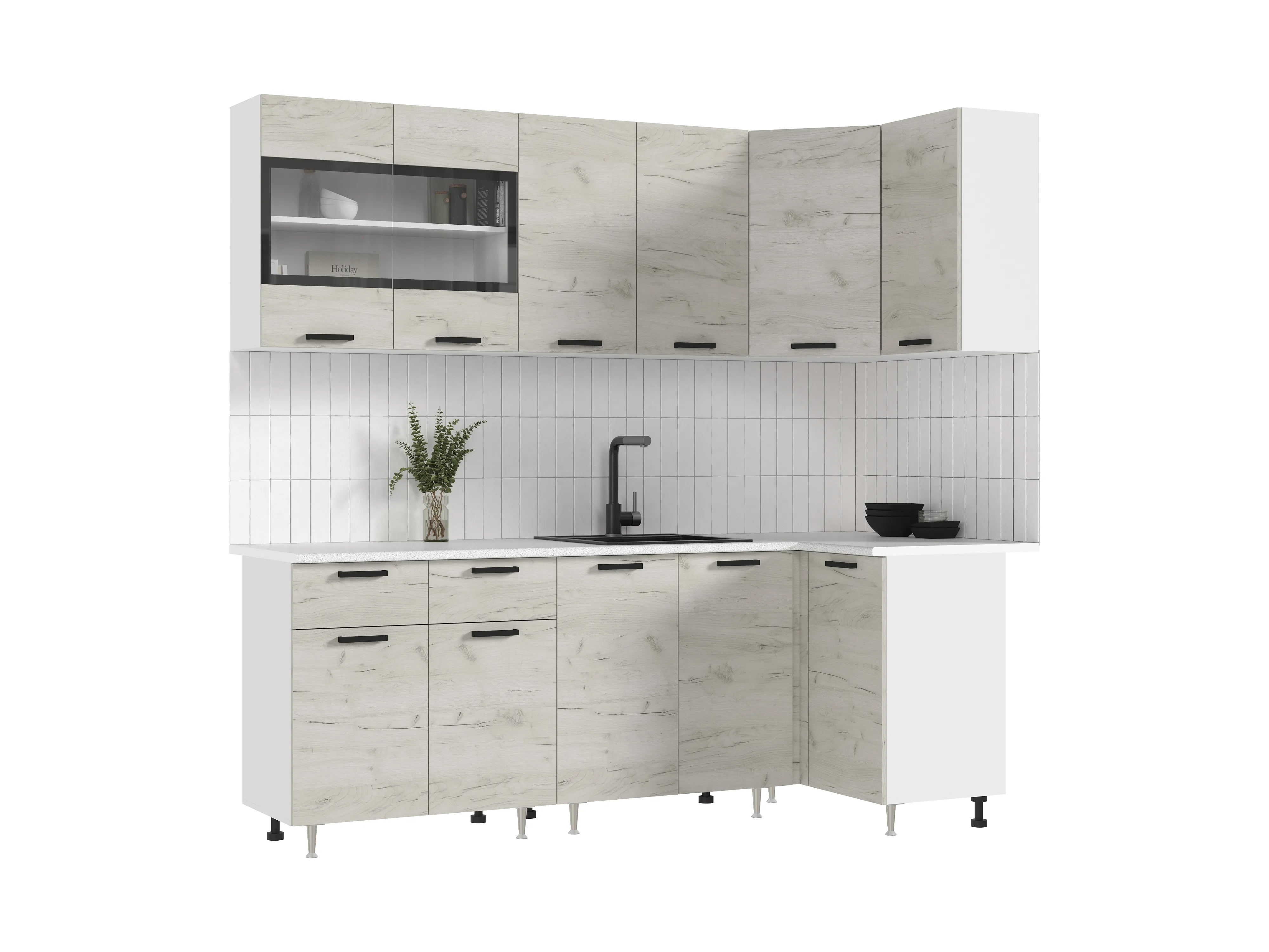 Кухня Рио New угловая 2,2*1,0м (490) Крафт белый, Белый (Антарес)