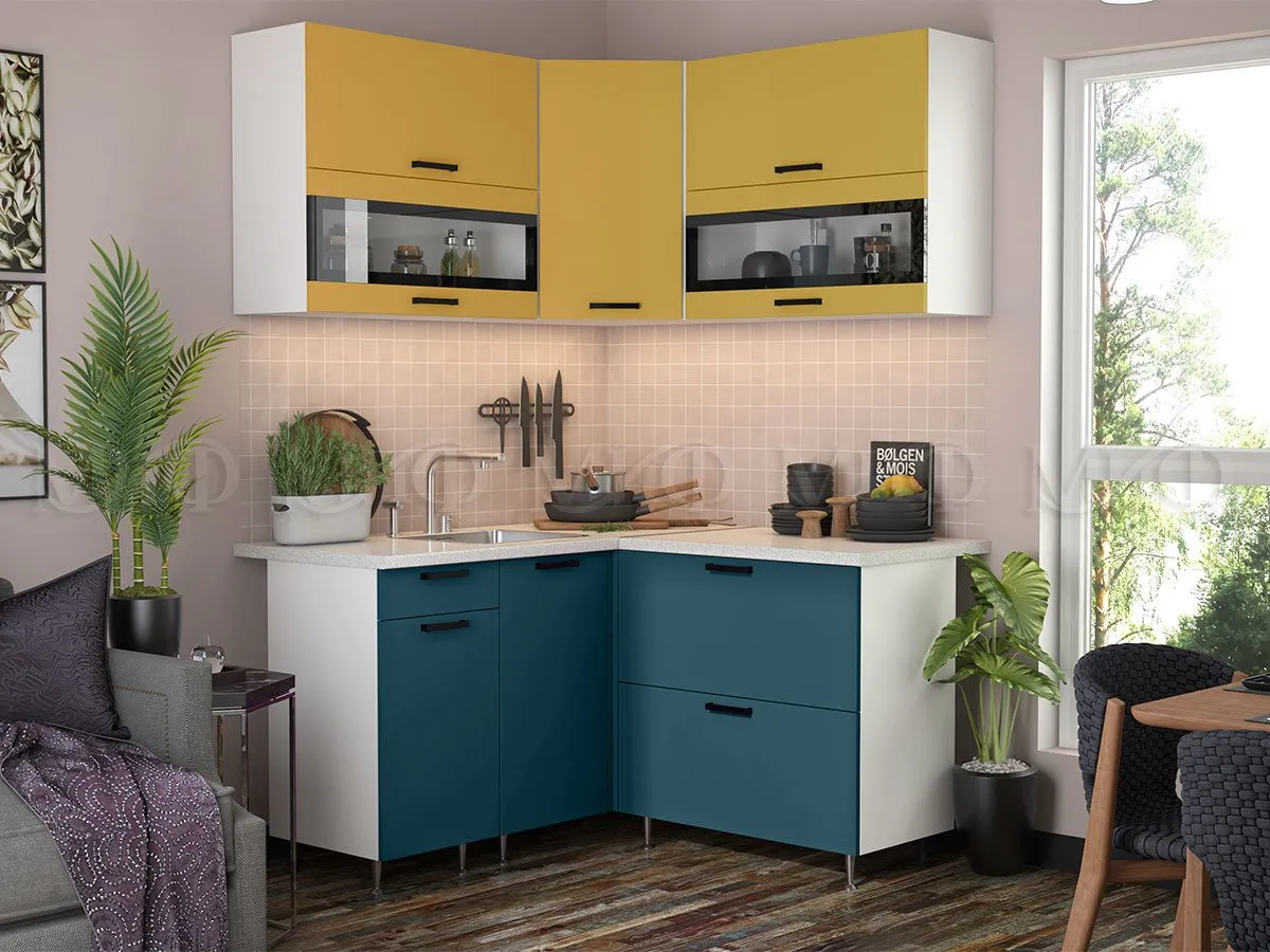 Кухня угловая Техно New 1,4*1,4 горчица софт/атлантик софт