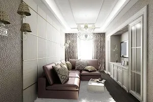 Потолки и освещение узкой гостиной