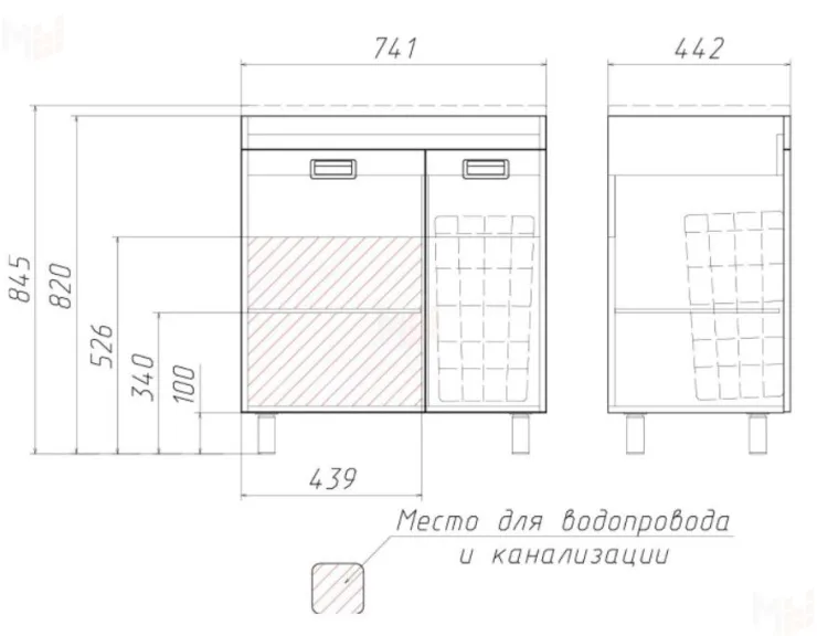 Тумба под умывальник "Elen 75" Cube c корзиной для белья Домино