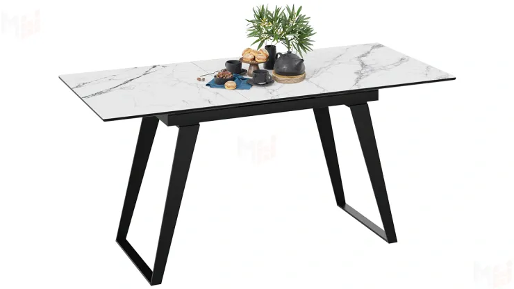 Стол обеденный Техно Черный муар, Стекло глянцевое белый мрамор