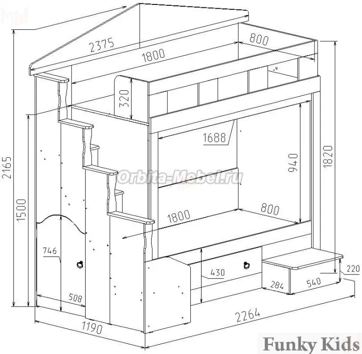 Двухъярусная кровать Фанки Хоум с мебелью Фанки Тайм