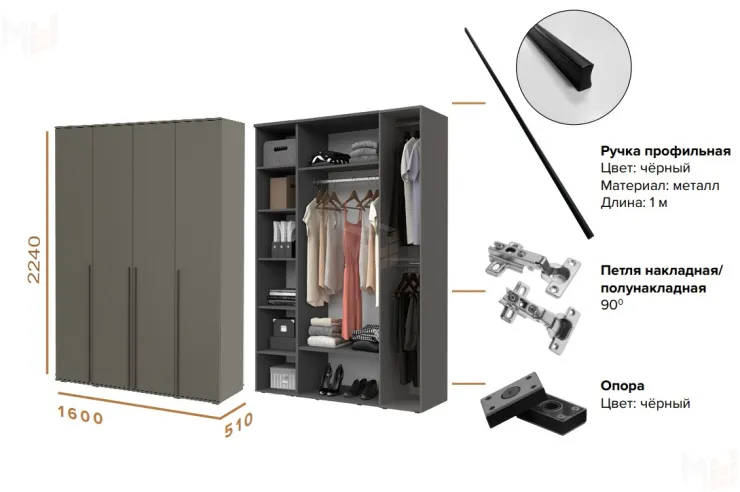 Шкаф Норд 4-х створчатый с антресолью (графит)