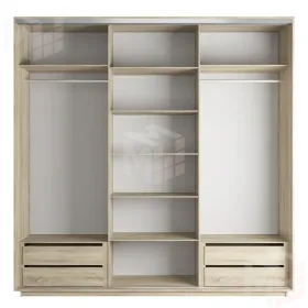 Шкаф-купе Оптим 3-х дверный 4 секции (ЛДСП) 240 см. 2 штанги, 9 полок, 4 ящика