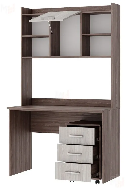 Компьютерный стол ПКС-9 с надстройкой и выкатной тумбой Шимо темный-Шимо светлый