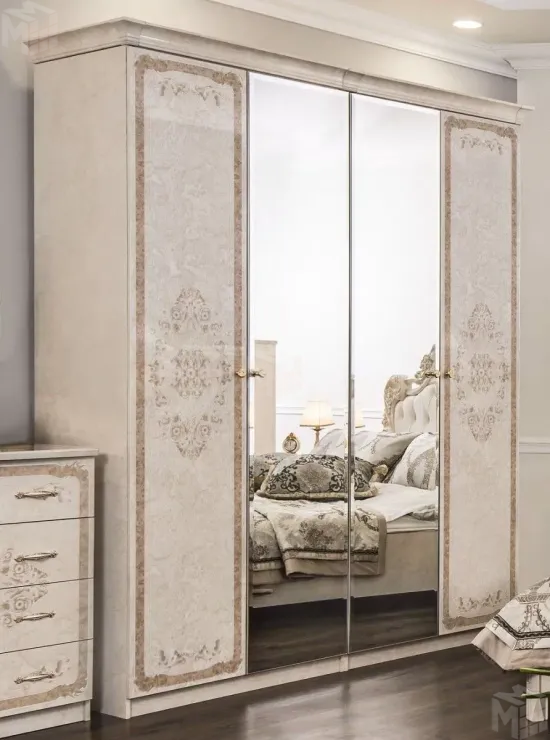 Шкаф Патрисия 4-дверный (1+2+1) с зеркалом крем корень глянец