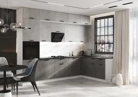 Кухня Рио New угловая 3,0*1,8м (490) комп №2 Бетон светлый/Бетон темный, Белый (Кастилло темный)