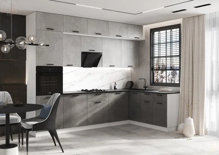 Кухня Рио New угловая 3,0*1,8м (490) комп №2 Бетон светлый/Бетон темный, Белый (Кастилло темный)