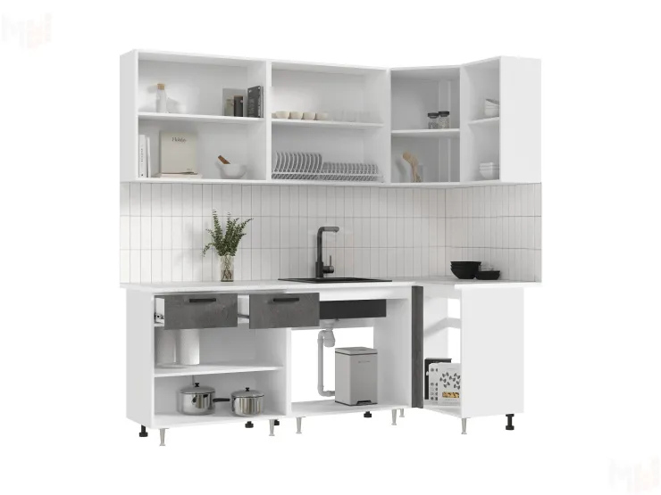 Кухня Рио New угловая 2,2*1,0м (490) Бетон светлый/бетон темный, Белый (Антарес)