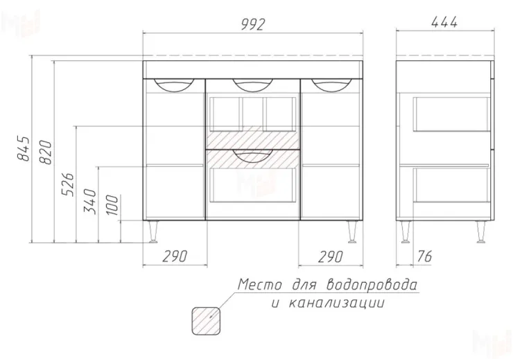 Тумба под умывальник "Elen 100" Грация с двумя ящиками В2 Домино