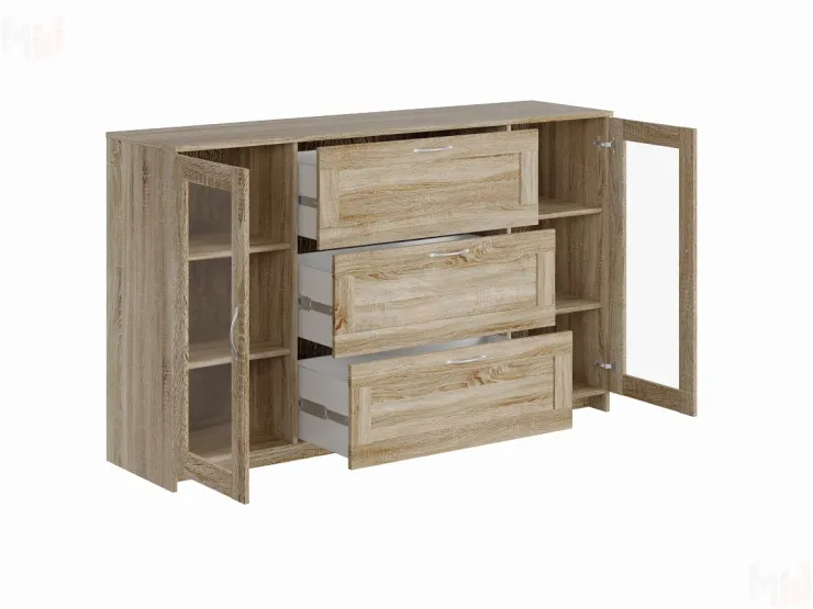 Тумба Сириус 2 двери со стеклом и 3 ящика 156*95 Сонома