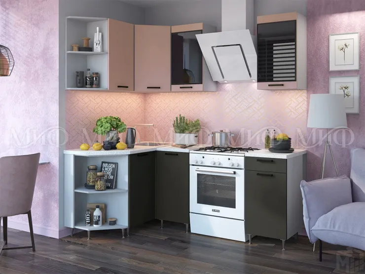 Кухня угловая Техно New 1,3*1,4 Пудра Софт/Графит Софт