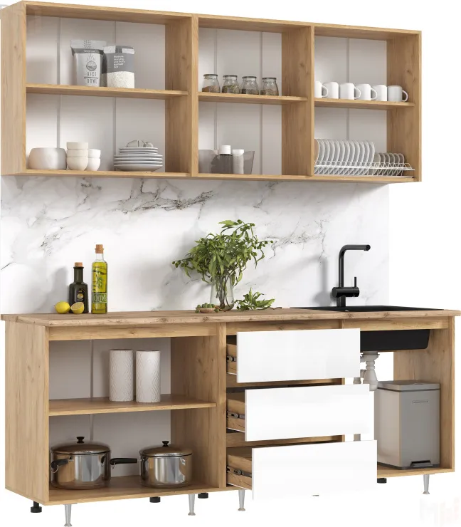 Кухня Челси 2,0м Компановка №2 (Белый глянец холодный, Дуб Крафт (Кастилло)))