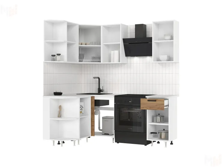 Кухня Рио New угловая 2,6*1,0 м (490) Дуб крафт, Белый (Антарес)