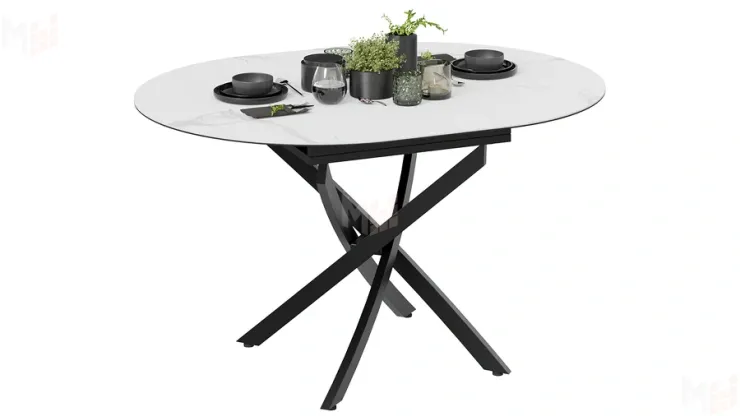 Стол обеденный раздвижной Бергамо Тип 1 Черный муар, Стекло матовое белый мрамор