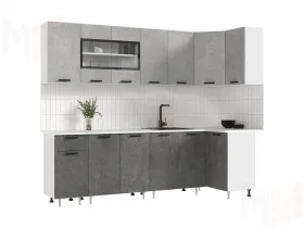 Кухня Рио New угловая 2,6*1,0 м (490) Бетон темный/бетон светлый, Белый (Антарес)