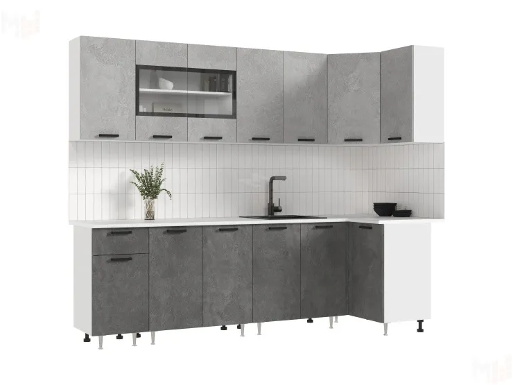 Кухня Рио New угловая 2,6*1,0 м (490) Бетон темный/бетон светлый, Белый (Антарес)