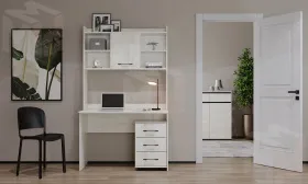 Компьютерный стол ПКС-9 с надстройкой и выкатной тумбой Дуб Крафт белый